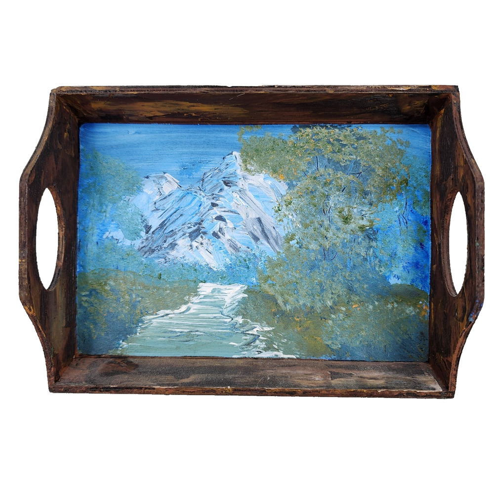 Original Hand Painted Wooden Tray 7"x5" Mountain River Blue OOAK w Handles